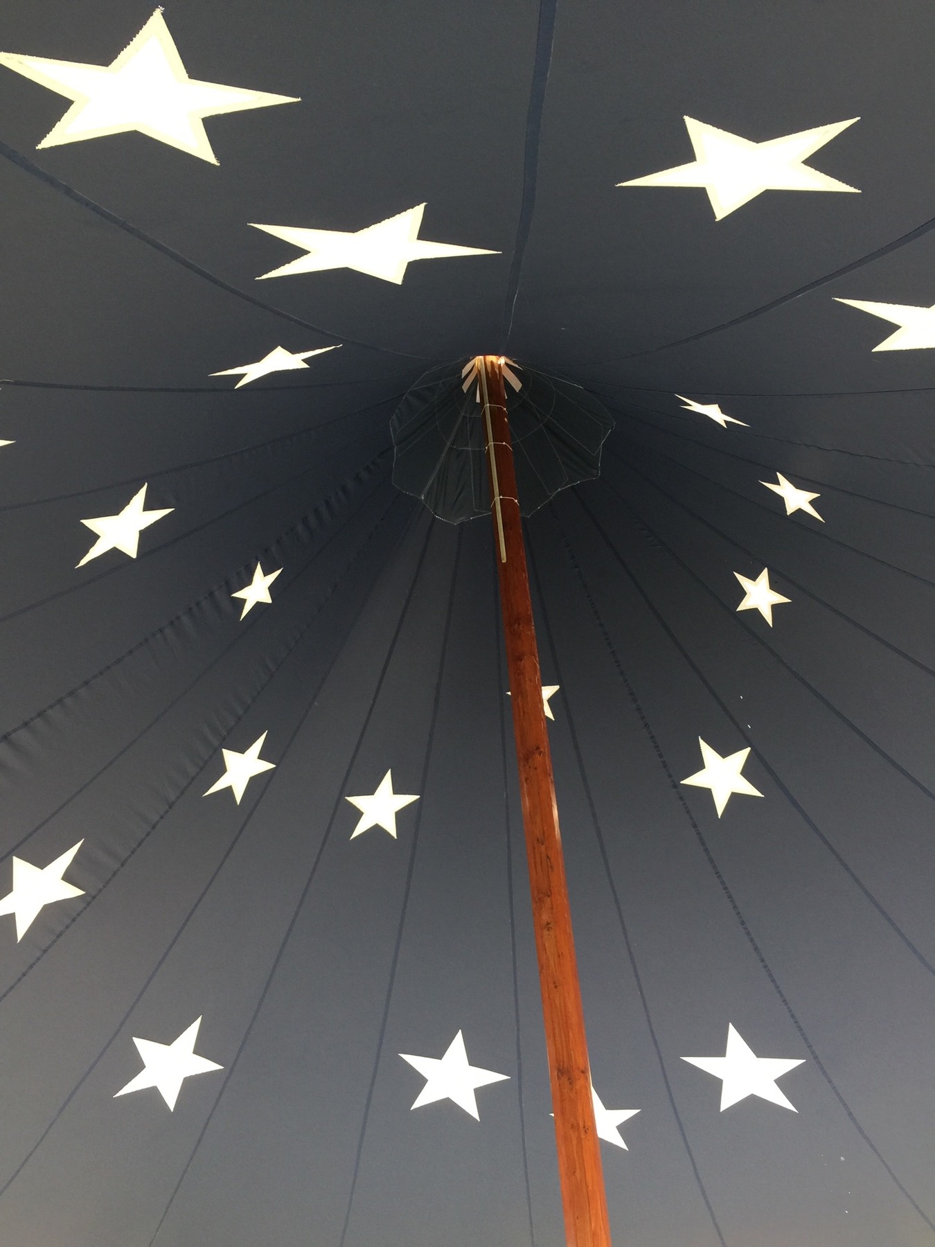 Glowing star shapes across the inside of a tent roof